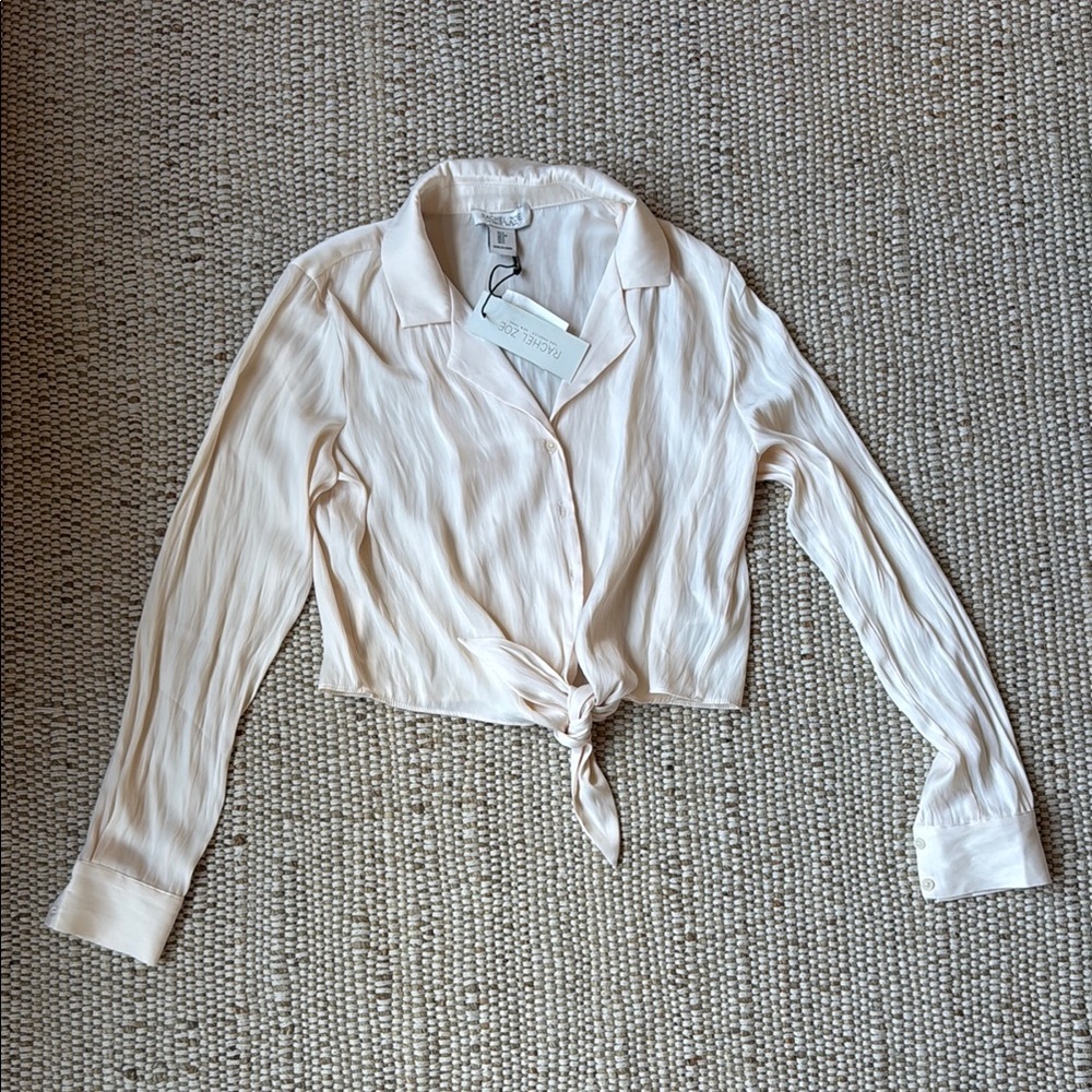 Satin Tie-Front Long Sleeve Blouse